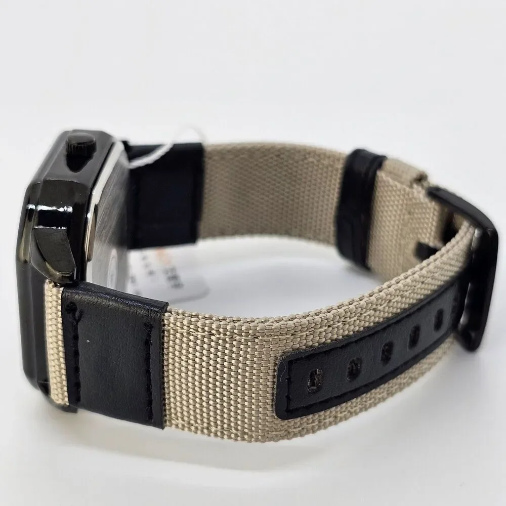 Men's Watch 42MM Black Case Black Dial Date‎ Black Tan Canvas Band Straps